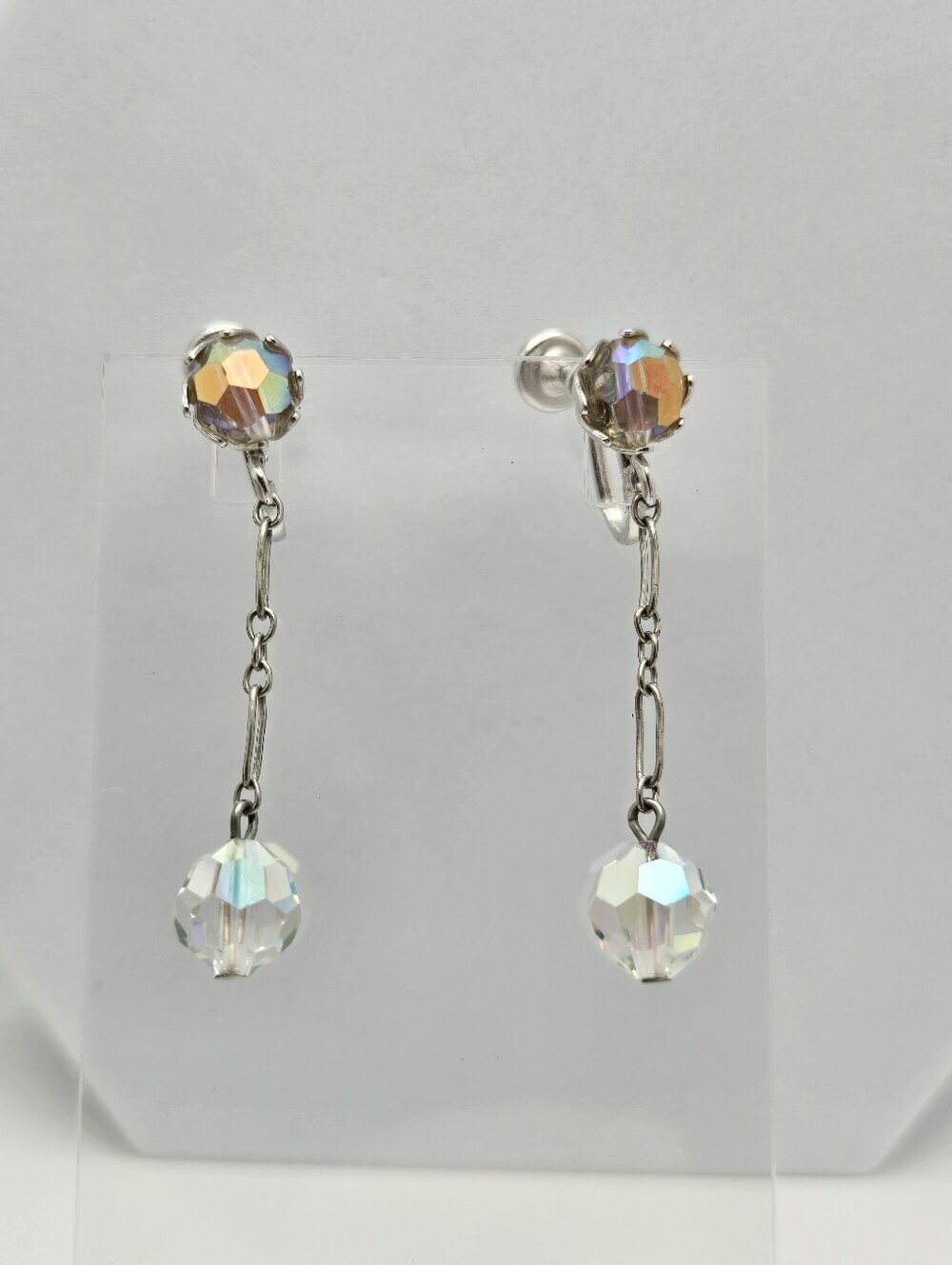 Vintage EVCO Aurora Borealis AB Crystal Dangle Screwback Clip Earrings 1.5"